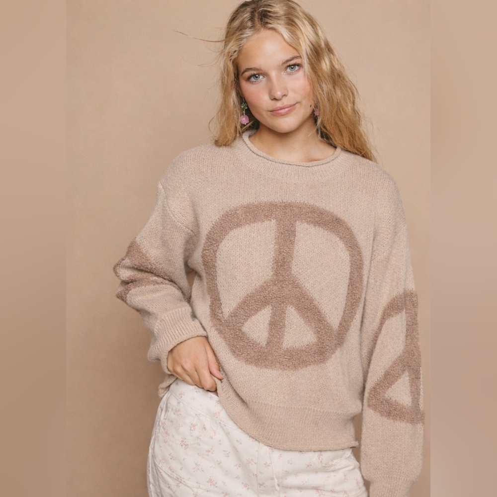 POL Beige Peace Sign Knit Sweater | Soft Textured Boho Pullover